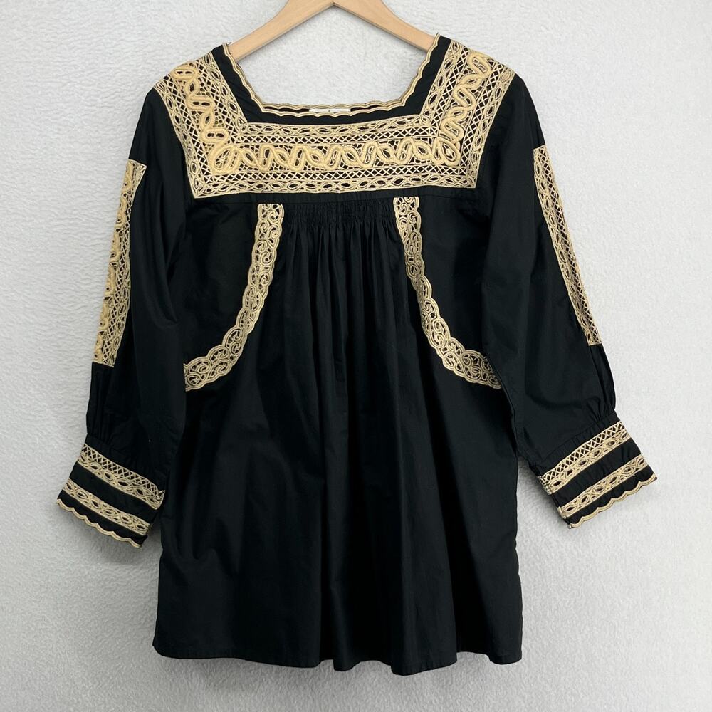 CHAR Top Womens S Mexico Tunic Square Neck Lace Trim Cotton Black Khaki
